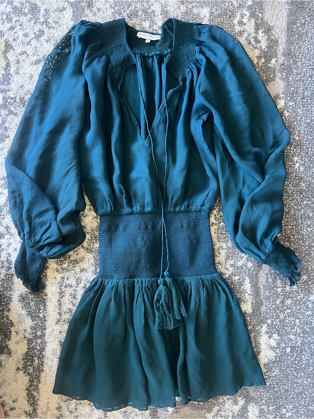Karina Grimaldi Teal Long-Sleeve Smocked Waist Mini Dress